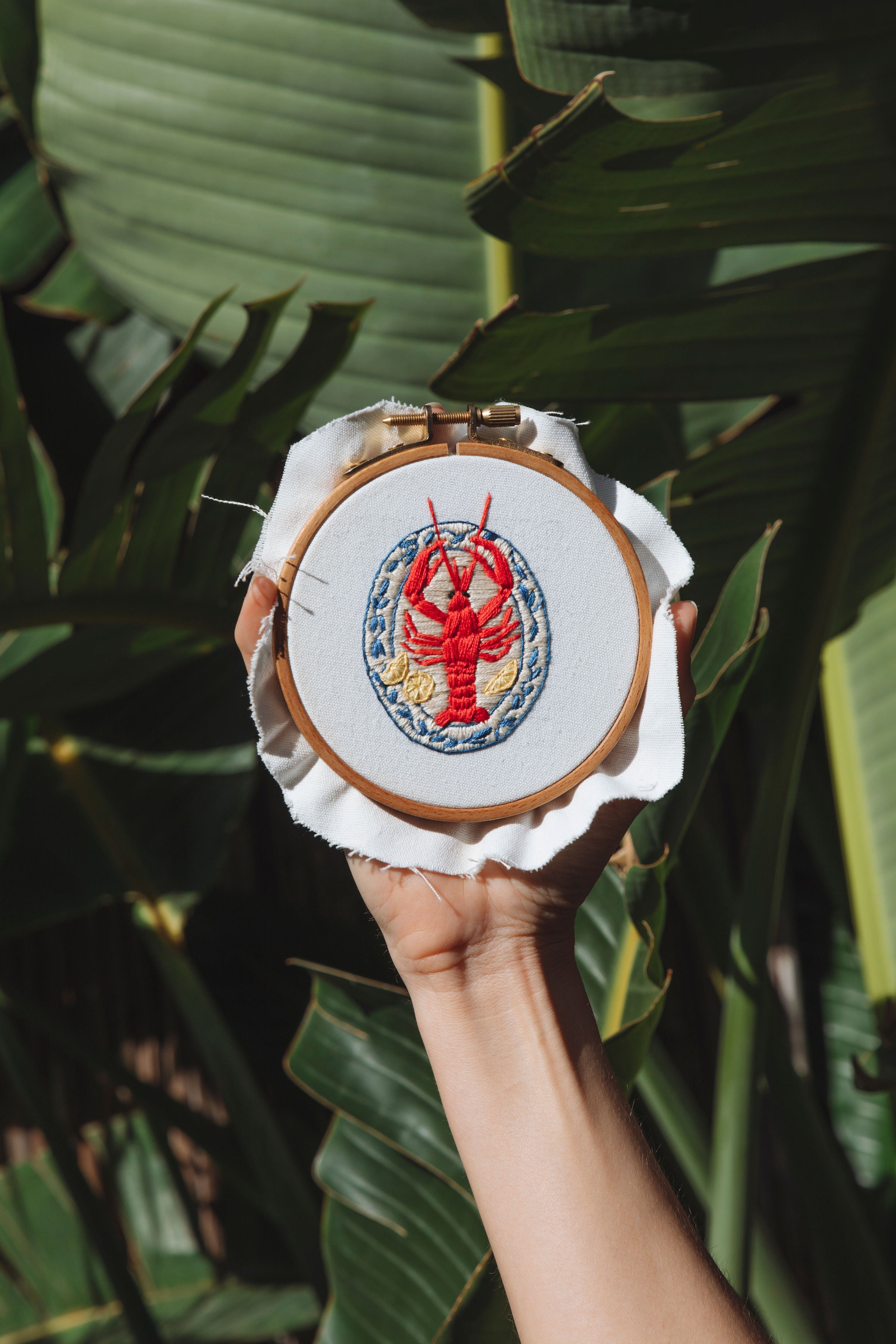 Hand holding a wooden embroidery hoop with a red lobster design stitched on white fabric outdoors by green leaves