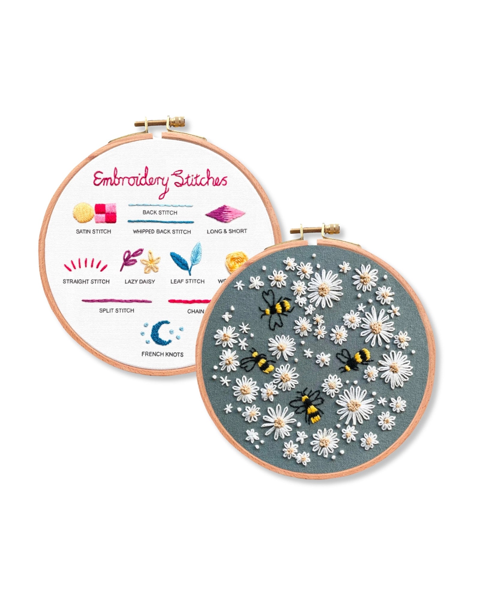 Embroidery hoop with floral and bee design next to an embroidery stitches chart on a white background
