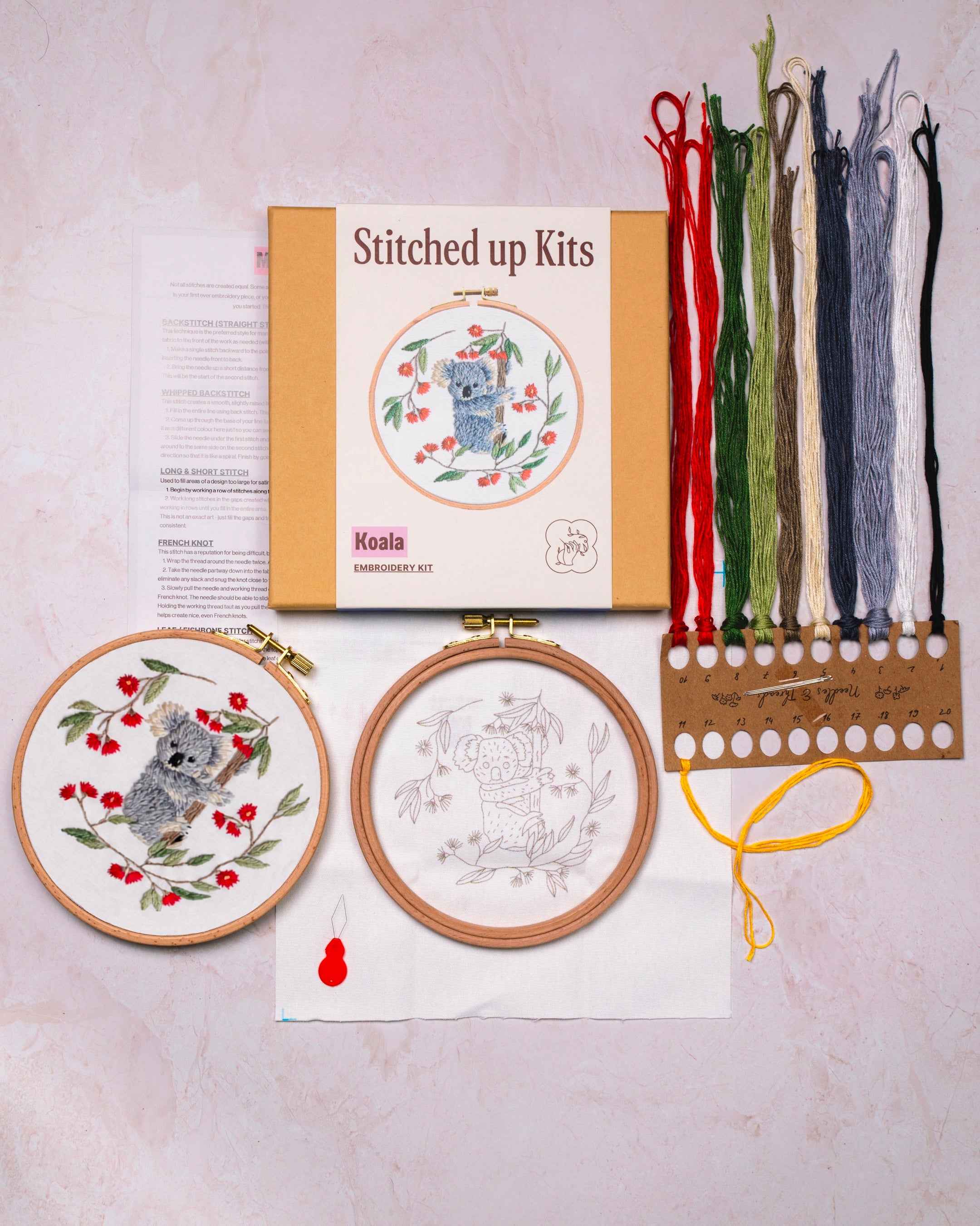 Flat lay of embroidery kit with threads and hoop and box