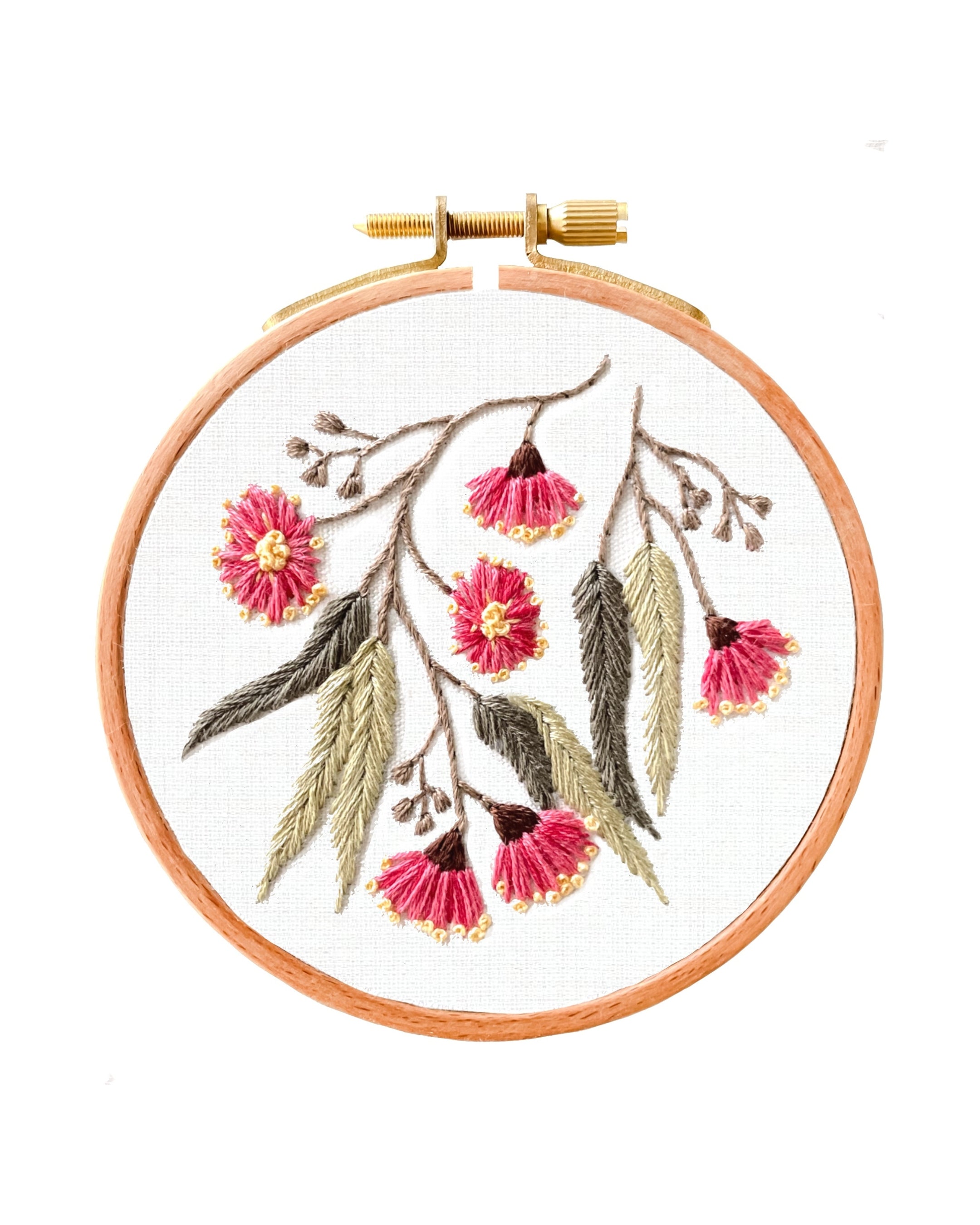 Embroidery hoop with floral design on a white background
